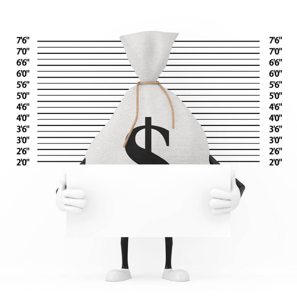 Tied Rustic Canvas Linen Money Sack or Money Bag and Dollar Sign Character Mascot with Blank Identification Plate in front of Police Lineup or Mugshot Background extreme closeup. 3d Rendering - Photo, Image