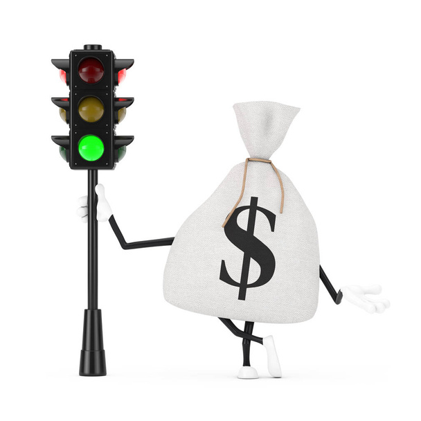 Lona rústica amarrada saco de dinheiro de linho ou saco de dinheiro e dólar sinal personagem mascote com semáforo verde sobre um fundo branco. Renderização 3d - Foto, Imagem
