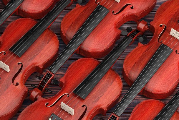 Rivit Vintage Red puiset viulut puupöydällä taustalla. 3d renderöinti - Valokuva, kuva