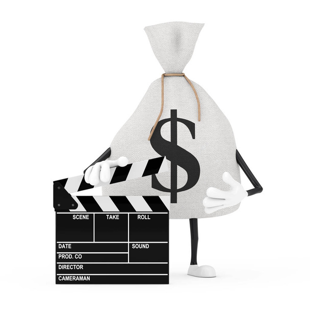 Svázaný Rustikální plátno povlečení peníze pytel nebo taška na peníze a dolar znak znak maskot s Film Clapper Board na bílém pozadí. 3D vykreslování - Fotografie, Obrázek