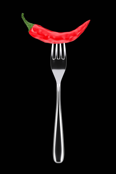 Red Chili Pepper Stuck mit Chromgabel auf schwarzem Hintergrund. 3D-Darstellung - Foto, Bild