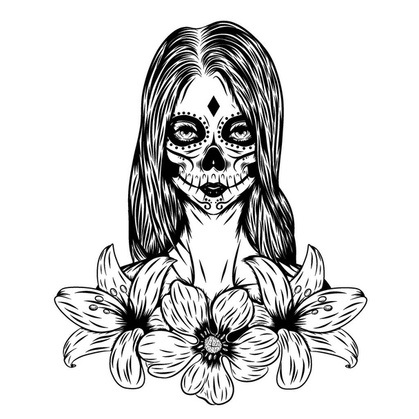 花と死んだ顔の芸術の日の入れ墨のインスピレーション - ベクター画像