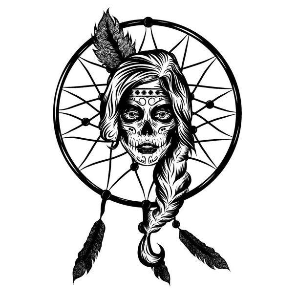 The tattoo inspiration of the dream catcher indian women - Vector, Image