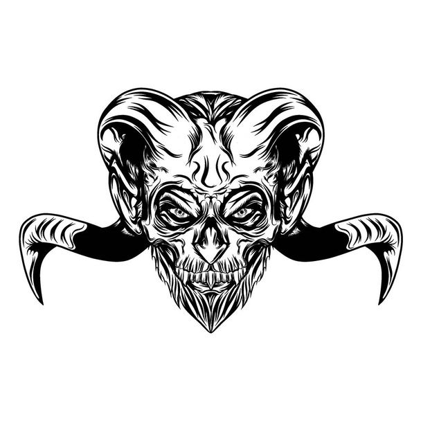 The tattoo illustration of the evil head with the long goat horns - Vector, Image
