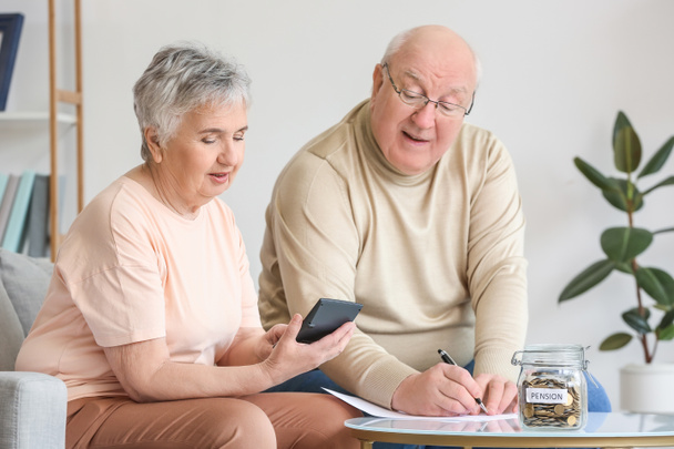 Senior couple counting money at home - Foto, Imagem