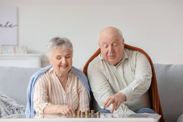 Senior couple counting money at home - Photo, Image