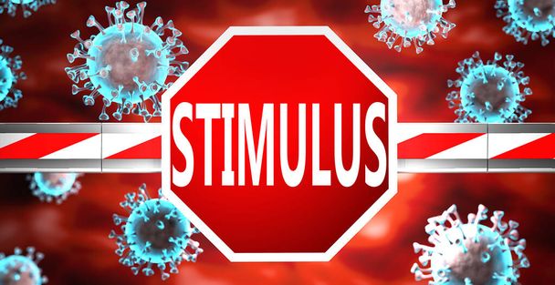 Estimulo e coronavírus, simbolizados por um sinal de parada com a palavra Estimulo e vírus para imaginar que o Estimulus afeta o futuro do acabamento da pandemia de Covid-19, ilustração 3d - Foto, Imagem
