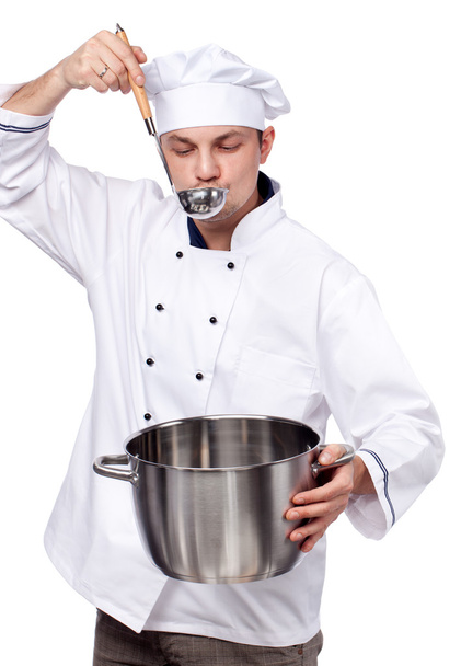 Man cook holding saucepan and ladle - Foto, Imagem