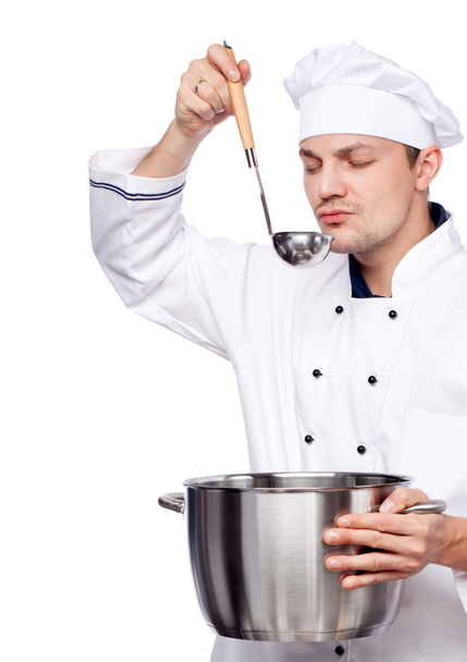 Man cook holding saucepan and ladle - Fotoğraf, Görsel