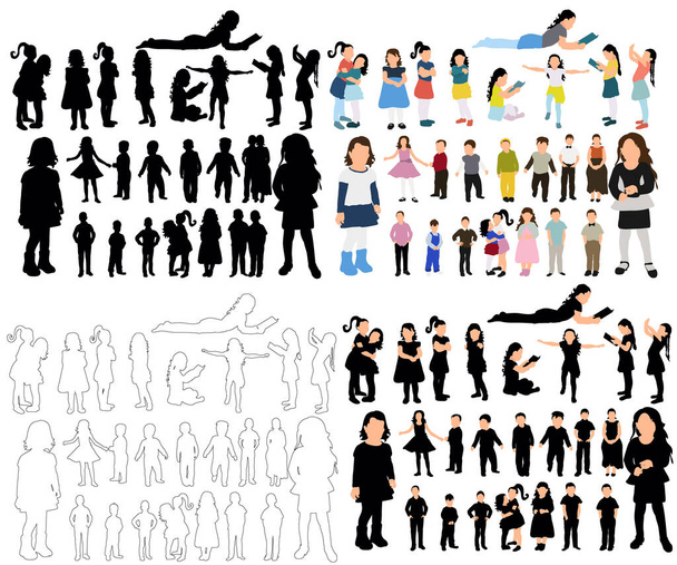 silhouettes of children, collection of sketches - Vector, Image