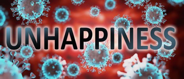covid e infelicidad, representado por palabra infelicidad y virus para simbolizar que la infelicidad está relacionada con la pandemia de corona y que la epidemia afecta mucho a la infelicidad, ilustración 3d - Foto, imagen