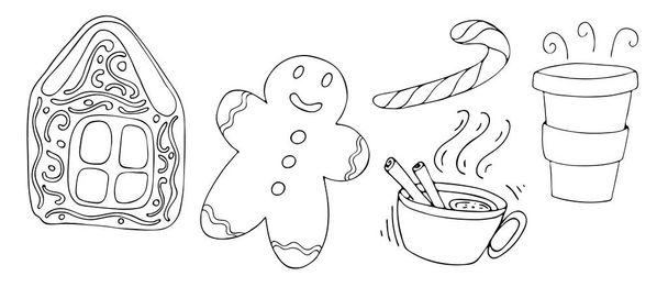 γιορτή τσάι - πικάντικο ζεστό τσάι, μελόψωμο, ζαχαροκάλαμο, χαριτωμένο κανίς χειμώνα, χρωματισμός βιβλίο, διάνυσμα σύνολο στοιχείων στυλ doodle - Διάνυσμα, εικόνα