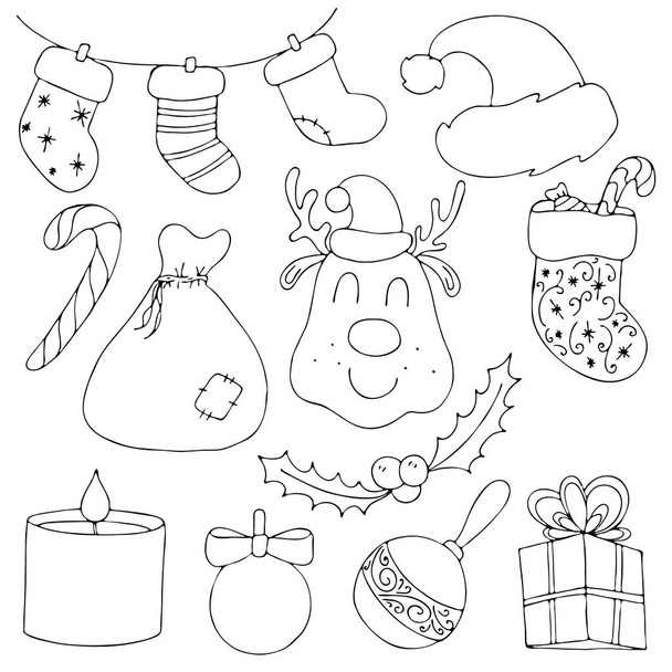 készlet télapó claus - karácsonyi szarvas, zokni ajándékok, dekorációk, cukor bizalom,, aranyos téli firkák, kifestőkönyv, vektorkészlet elemek firka stílusban - Vektor, kép