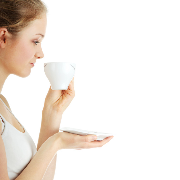 Blond woman drinking coffee - Fotó, kép
