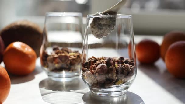 Le processus de fabrication du pudding à partir de graines de chia avec du lait de coco avec du granola. Procédé mettant des graines de chia dans le verre. Nourriture végétalienne saine. Lumière dure soleil dans la cuisine par la fenêtre. - Séquence, vidéo