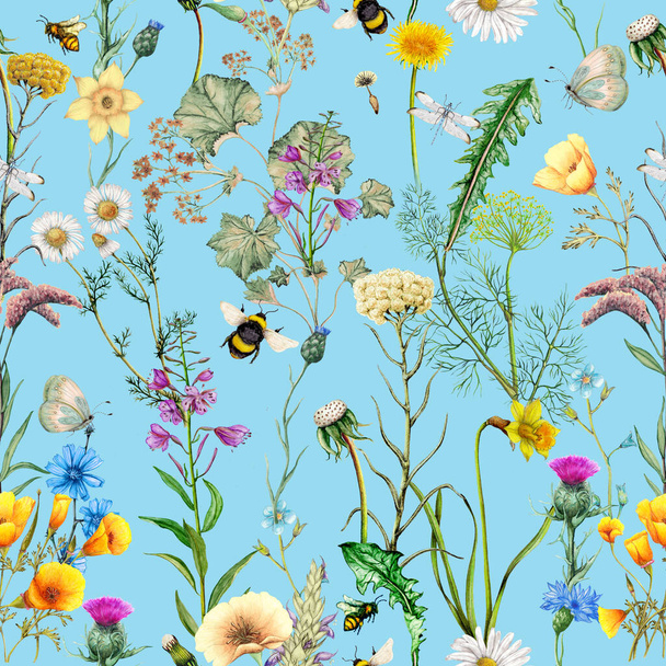 Nahtloses Muster handgezeichneter Gartenblumen, Pflanzen und Insekten - Foto, Bild