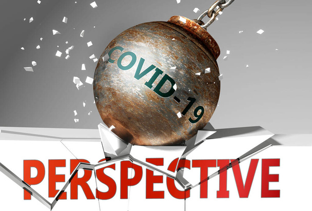 Perspectiva e coronavírus, simbolizado pelo vírus destruindo palavra Perspectiva para imaginar que covid-19 afeta Perspectiva e leva a um acidente e crise, ilustração 3d - Foto, Imagem
