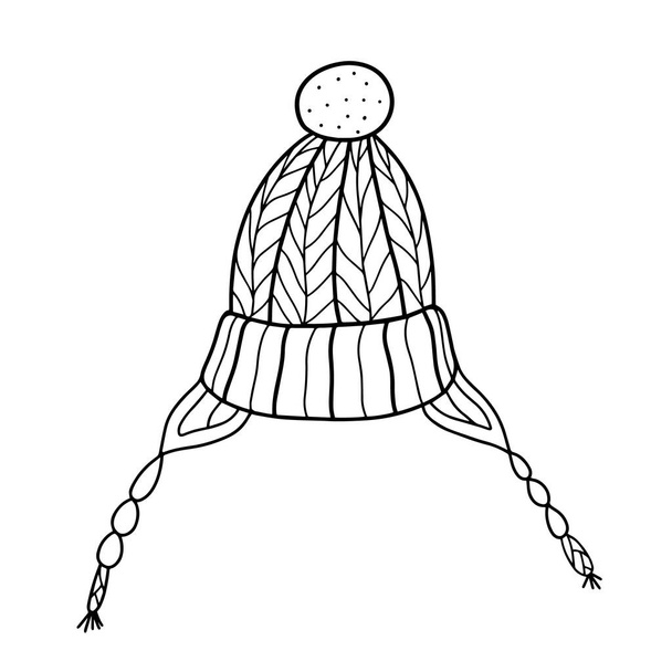 sombrero de punto de invierno con ligas. Ilustración vectorial dibujada a mano en el estilo Doodle. Accesorio de invierno y otoño - Vector, imagen