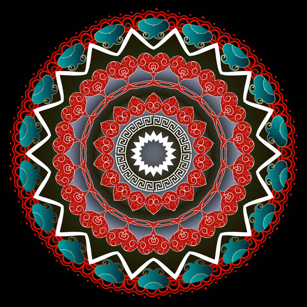 Floral Paisley mandala pattern. Vector greek ornamental background. Ethnic style geometric round ornament. Zigzag lines, shapes, paisley flowers, greek key, meanders. Modern ornate beautiful design. - Vektori, kuva