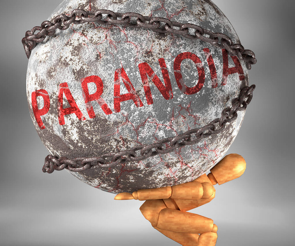 Paranoïa et difficultés dans la vie - représenté par le mot Paranoïa comme un poids lourd sur les épaules pour symboliser la paranoïa comme un fardeau, illustration 3D - Photo, image