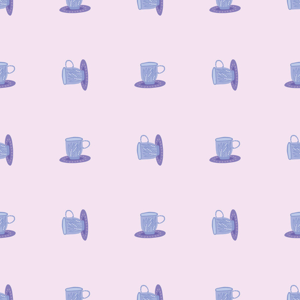 Minimalistic kitchen print with blue little tea cups. Light soft pink bacground. Hand drawn elements. Great for wallpaper, textile, wrapping paper, fabric print. Vector illustration. - Vector, Image