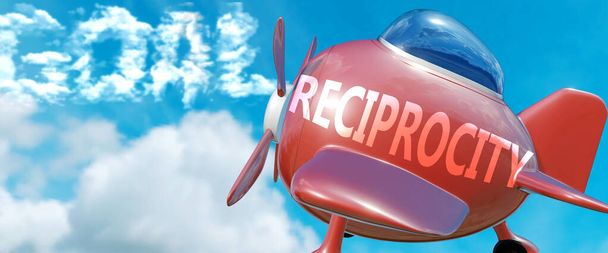 Reciprocity допомагає досягти мети, зображеної як слово Reciprocity в хмарах, щоб символізувати, що Reciprocity може допомогти досягти мети в житті та бізнесі, 3d ілюстрація
 - Фото, зображення