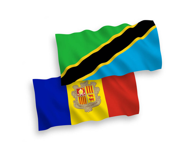 National vector fabric wave flags of Andorra and Tanzania isolated on white background. 1 to 2 proportion. - Vector, Image