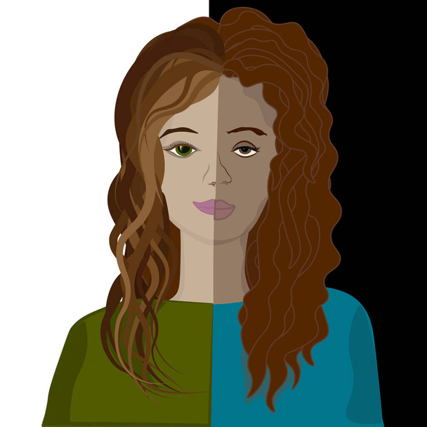 Девушка наполовину белая, наполовину темнокожая - Вектор,изображение