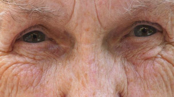 Close up of elderly grandma looks into camera with a sad sight. Portrait of senior grandmother strongly screws up her gray eyes. Facial expression of unhappy mature woman. Slow motion. - Photo, Image