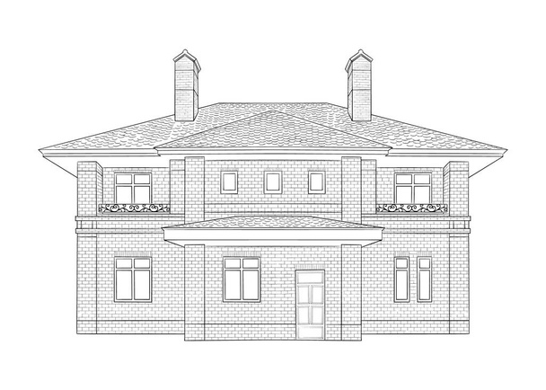 Talo muotokuva kuvitus, mustavalkoinen yksivärinen koti luonnos taidetta, käsin piirretty vektori. Street front view, kaupunkikuva, tyyli yksityinen estate arkkitehtuuri piirustus - Vektori, kuva