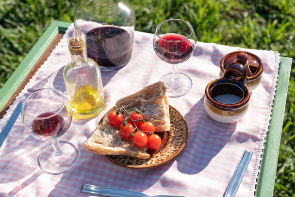 Spanyol előétel piknik paradicsom, szeletek kenyér, olívaolaj és vörösbor csésze felett egy világos rózsaszín gingham asztalterítő a kertben naplementekor - Fotó, kép
