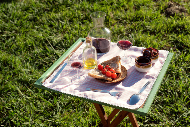 Picnic de comida mediterránea de tomate, rebanadas de pan, aceite de oliva y copas de vino tinto sobre un mantel de gingham rosa claro en el jardín al atardecer. Copiar espacio para agregar texto - Foto, Imagen