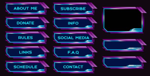 Twitch set di moderni pannelli di gioco rosa-blu e sovrapposizioni per streamer dal vivo. Avvisi di progettazione e pulsanti per lo streaming. Risoluzione dello schermo 16: 9 e 4: 3. Pannelli e pulsanti di flusso per twitch web - Foto, immagini