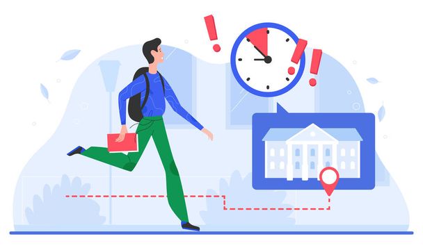 Time management, deadline concept vector illustration, cartoon flat busy man character with timer clock and exclamation point running fast in rush hour - Vector, Image