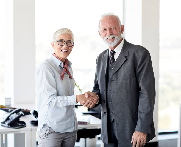 портрет двух старших бизнесменов, пожимающих друг другу руки, представляющих друг друга в офисе  - Фото, изображение