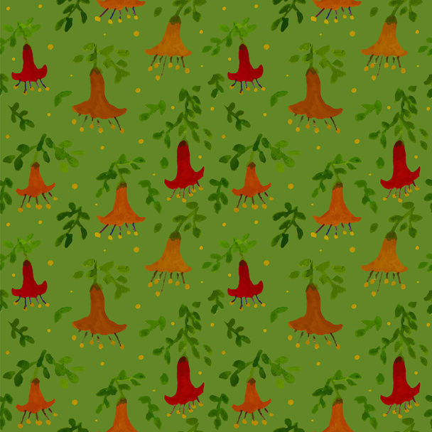 Flores de trompeta en rojo y naranja patrón sin costura verde - Vector, imagen