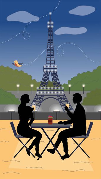 Noche en París Concepto. Siluetas masculinas y femeninas sentadas en la mesa afuera bebiendo café con sabor en el fondo de la torre Eiffel. Noche romántica en París. Ilustración vectorial en estilo plano - Vector, imagen