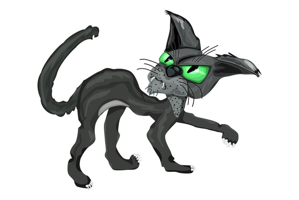 Musta kissa eristetty valkoisella taustalla. Vihainen musta kissa, jolla on isot vihreät silmät. Pelottava halloween-musta kissa. Karmea eläinten suunnittelu kutsu, juliste tai banneri. Negatiivinen tunne. Varastojen vektorien havainnollistaminen - Vektori, kuva