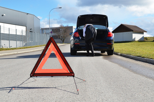 Triangle road sign and car - Zdjęcie, obraz