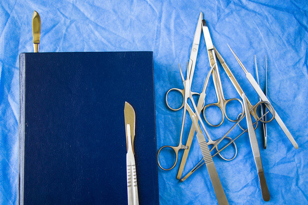 Комплект для вскрытия - инструменты из нержавеющей стали для студентов-медиков по анатомии, биологии, ветеринарии, морской биологии и учебной книге - Фото, изображение