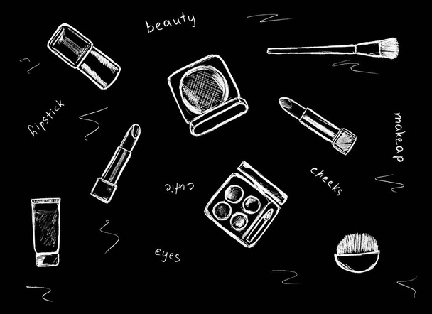 Graphic image of makeup accessories in white on a black background - Photo, Image