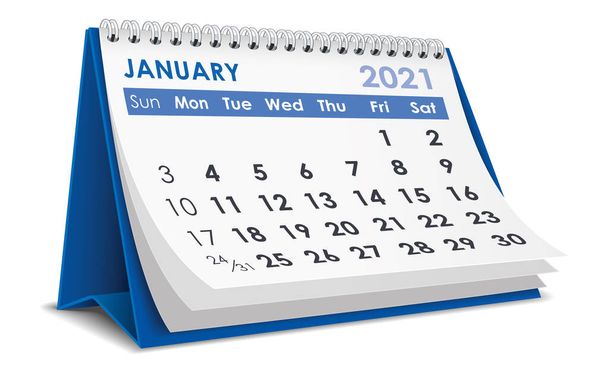 Janeiro 2021 Calendário isolado em fundo branco - Vetor, Imagem