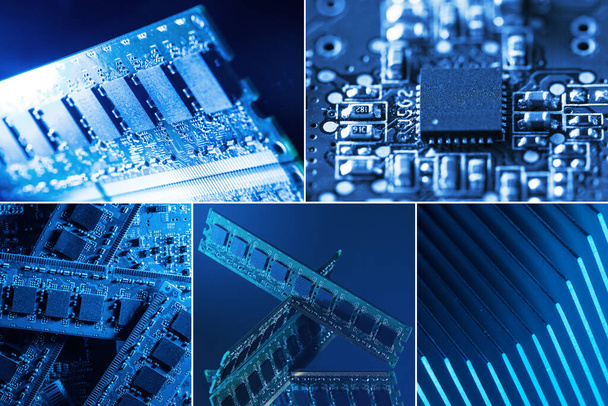 Collage van verschillende computeronderdelen in blauw en groen licht - Foto, afbeelding