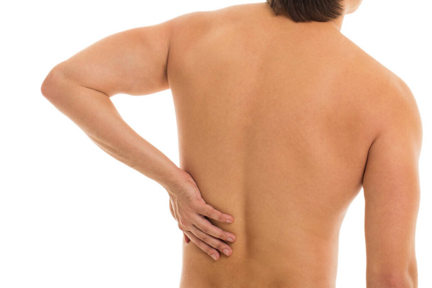 Der Mensch berührt seinen Rücken, weil es schmerzt - Foto, Bild