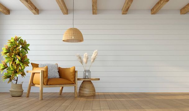Мінімалістичний дизайн вітальні з кріслом на білому тлі стін і стелі, 3d візуалізація
  - Фото, зображення