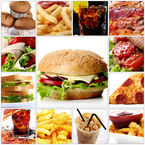 Коллаж различных продуктов быстрого питания с большим чизбургером в центре - Фото, изображение