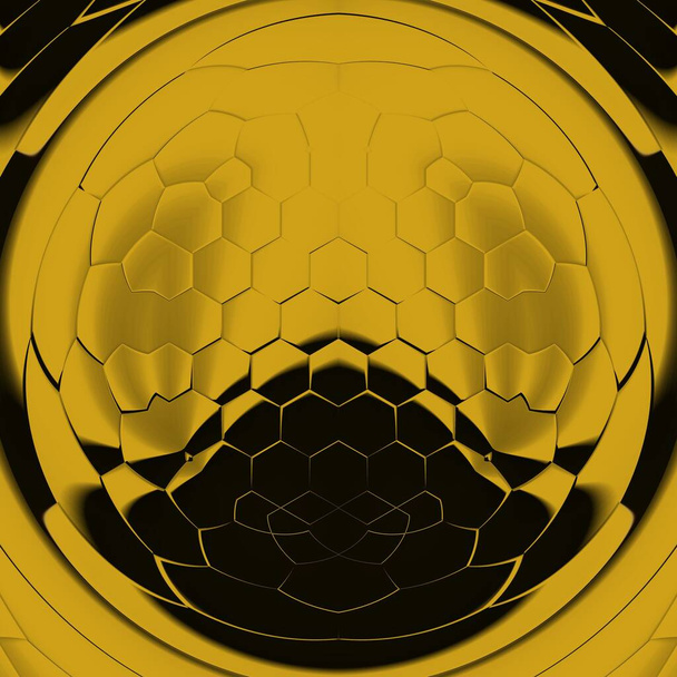 Jasně žluté zlaté šestiúhelníkové vzory na černém pozadí generující mnoho složitých tvarů a vzorů ve čtvercovém formátu - Fotografie, Obrázek