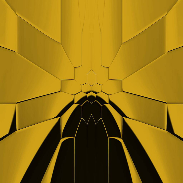 Modelli esagonali in oro giallo brillante su sfondo nero che generano molte forme e disegni intricati in un formato quadrato - Foto, immagini