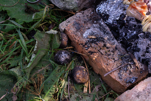 Выпечка картошки в углях из огня, приготовление пищи в походе - Фото, изображение