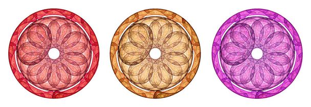 Ornamentos vermelhos, laranja e lilás com uma flor em um círculo isolado em um fundo branco. Fundo fractal abstrato. renderização 3d. Ilustração 3d. Elemento de design gráfico. - Foto, Imagem